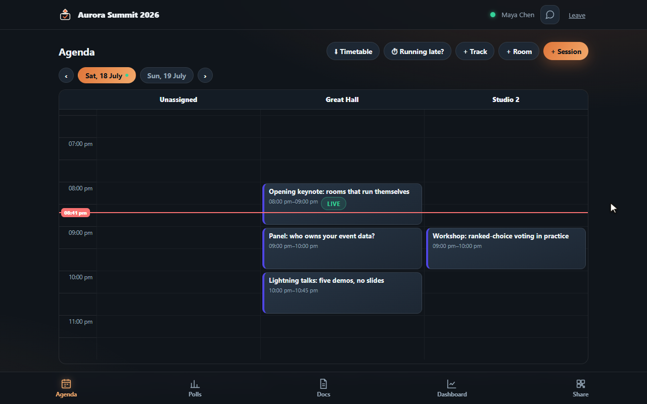 Animation: scrolling through Conclave's live dashboard, showing attendance now, peak, open polls, live sessions, the attendance trend and the planned-vs-actual timeline